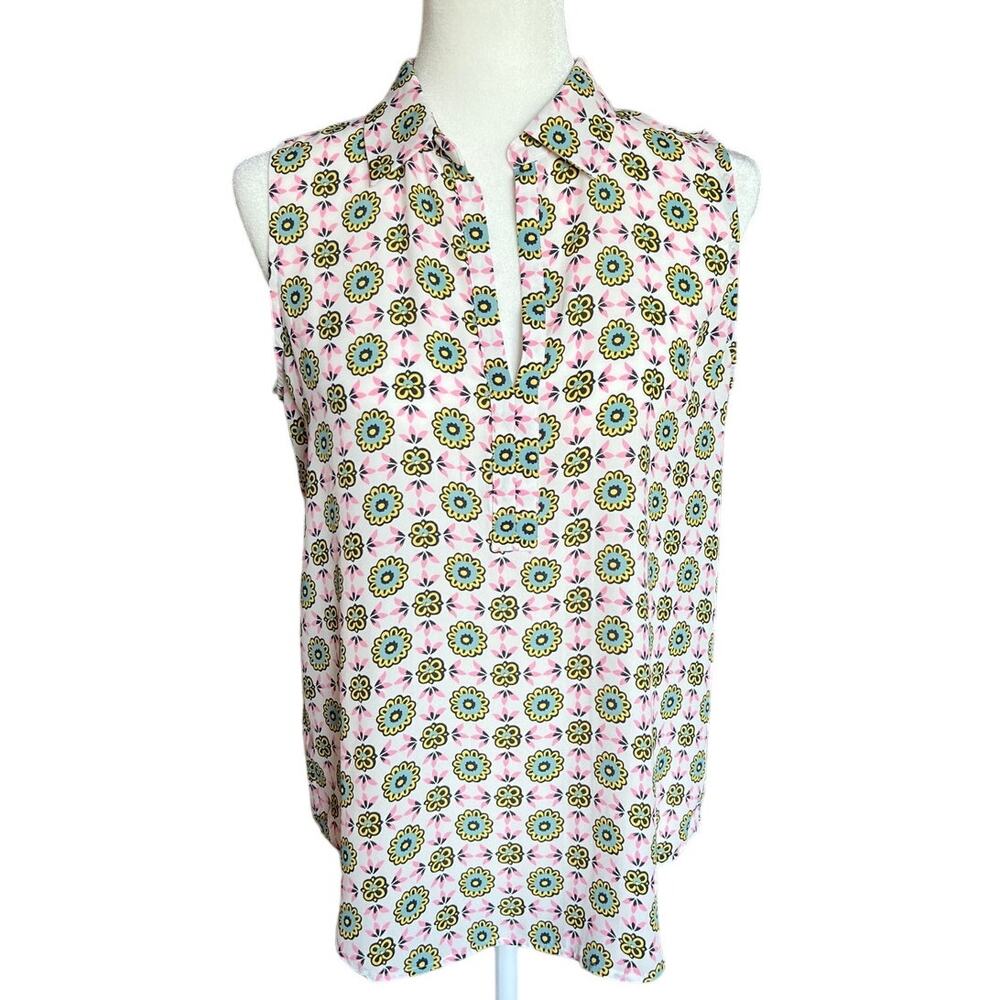 LOFT Pink Collared Sleeveless Blouse Women's Size S Retro Graphic Pattern Twee